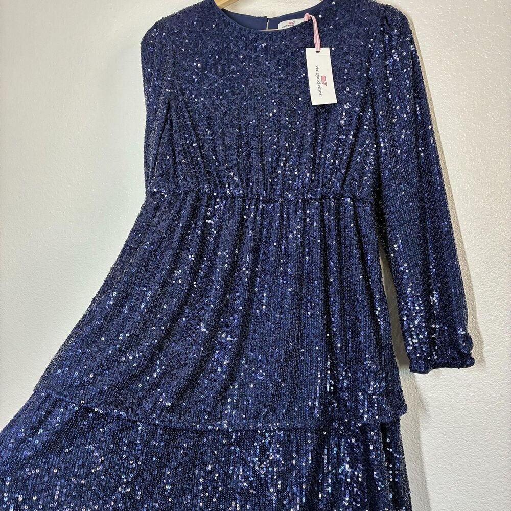 Vineyard Vines Dress Girls L Blue Sequin Fit & Flare Tiered Long Sleeve Party - Picture 2 of 16